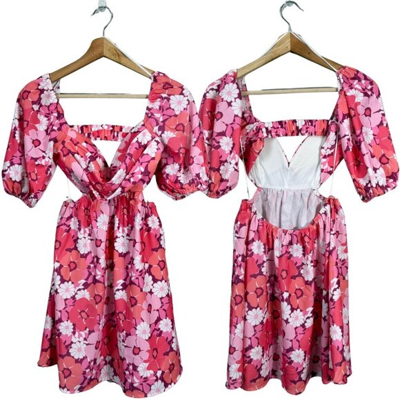 Hello Molly On The Beat Floral Cut Out Mini Dress Women's 2 Pink Open Back Party - Picture 3 of 14